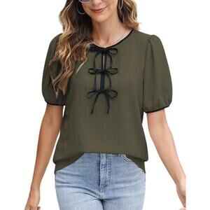 CiCiBird Olive Green Dressy Casual Blouse Top Tie Front Puff Short Sleeve M NWT
